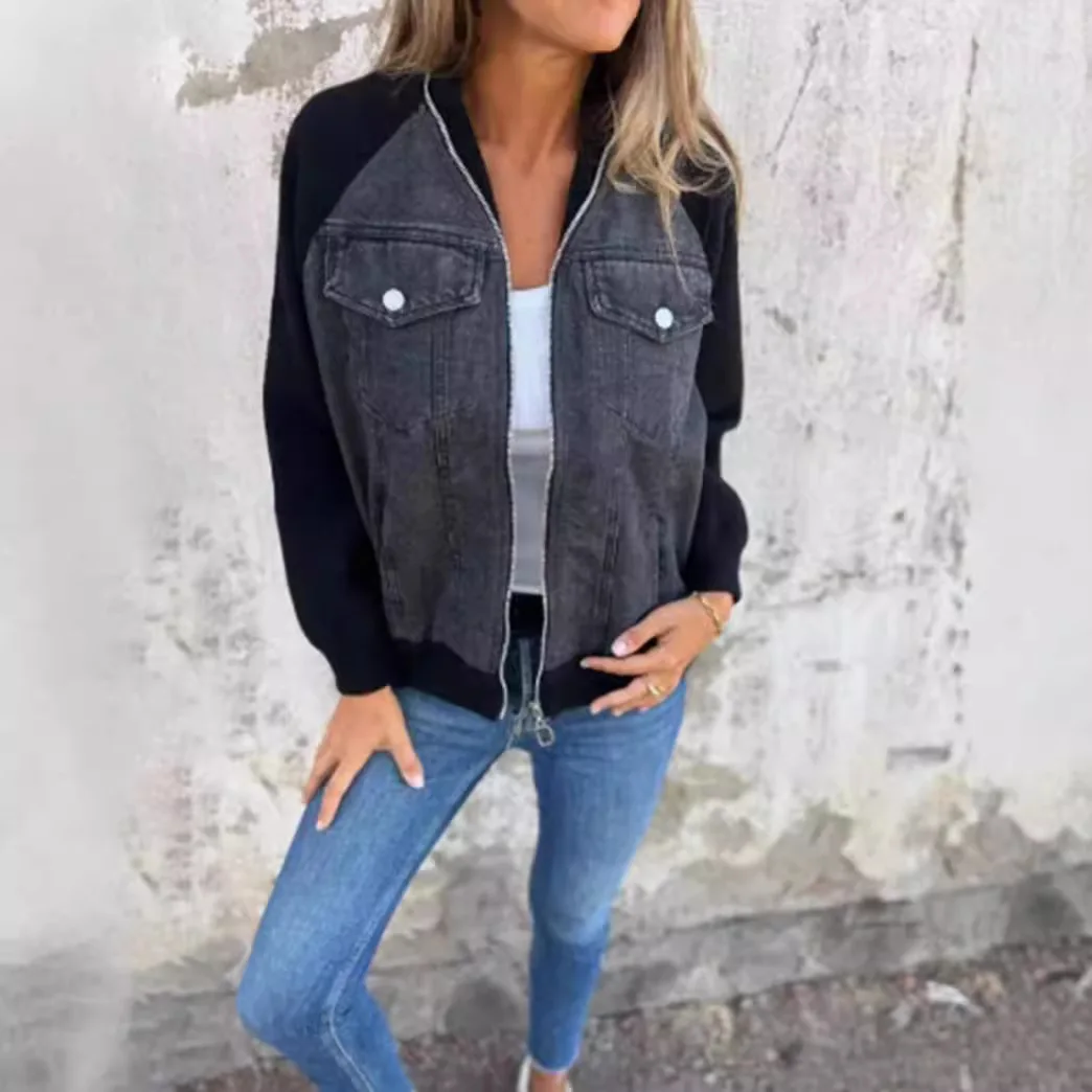 Jackets Women Patchwork Denim Coat Autumn 2025 Stand Collar Zipper Fly Pockets Washed Distressed Outerwear Streetwear Vintage