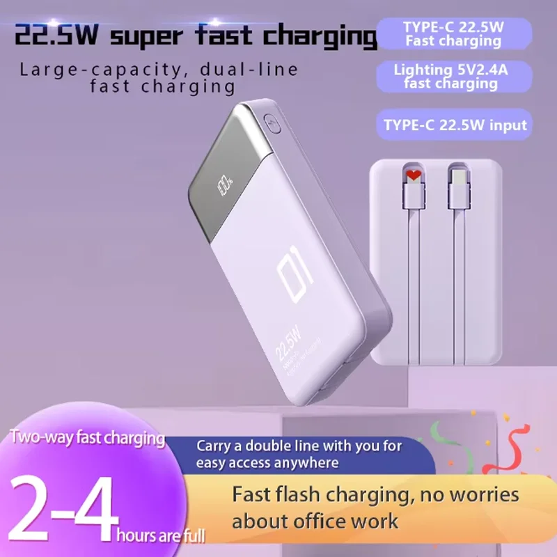 Portable Charger 10000 mAh Power Bank With Built in 2 Cable 22.5W USB C 20W PD Fast Charging LED Display External Battery Pack