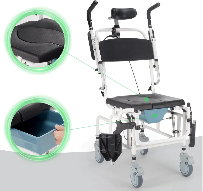 Rolling reclining toilet chair for the elderly Shower chair Adjustable height Carbon steel Bathroom accessories