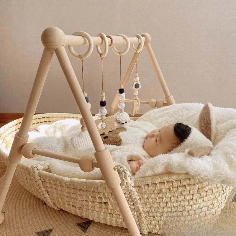

‌Baby Gym Playmat‌ Montessori Wooden Activity Center Toy for 0-12M Infants Educational Hanging Accessories High Contrast Colors