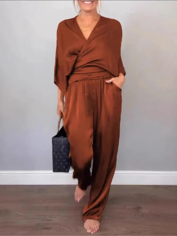 Lady Fashion Solid Set V-Neck Pullover Loose Tops And High Waist Wide Leg Pants Two Piece Sets Women Summer Casual Office Sets