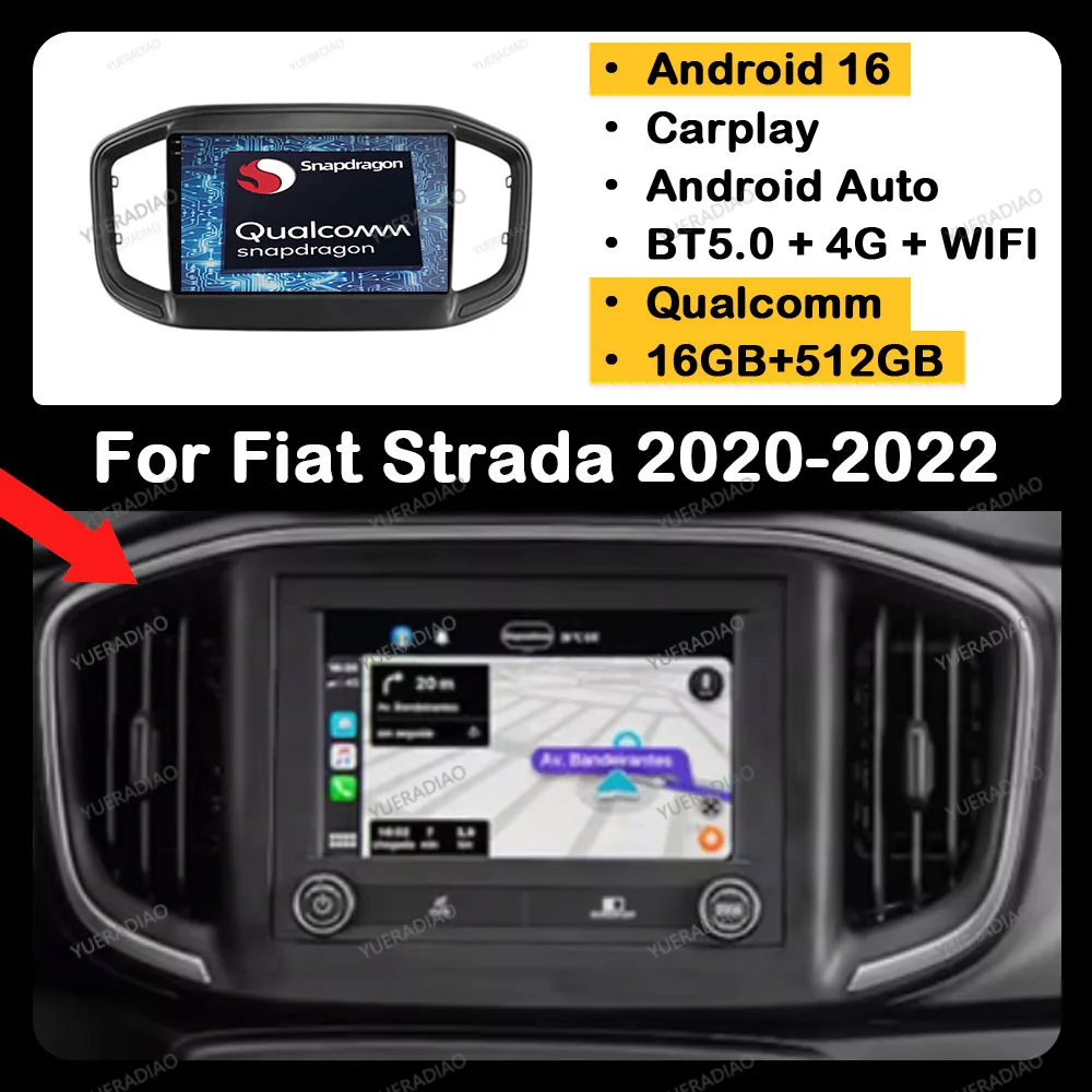 Radio para Auto Android 16 para Fiat Strada 2020 2021 2022, Multimedia, Bluetooth, Navegación, 5G, WIFI, Carplay Inalámbrico, Autoestéreo, DSP, Qualcomm
