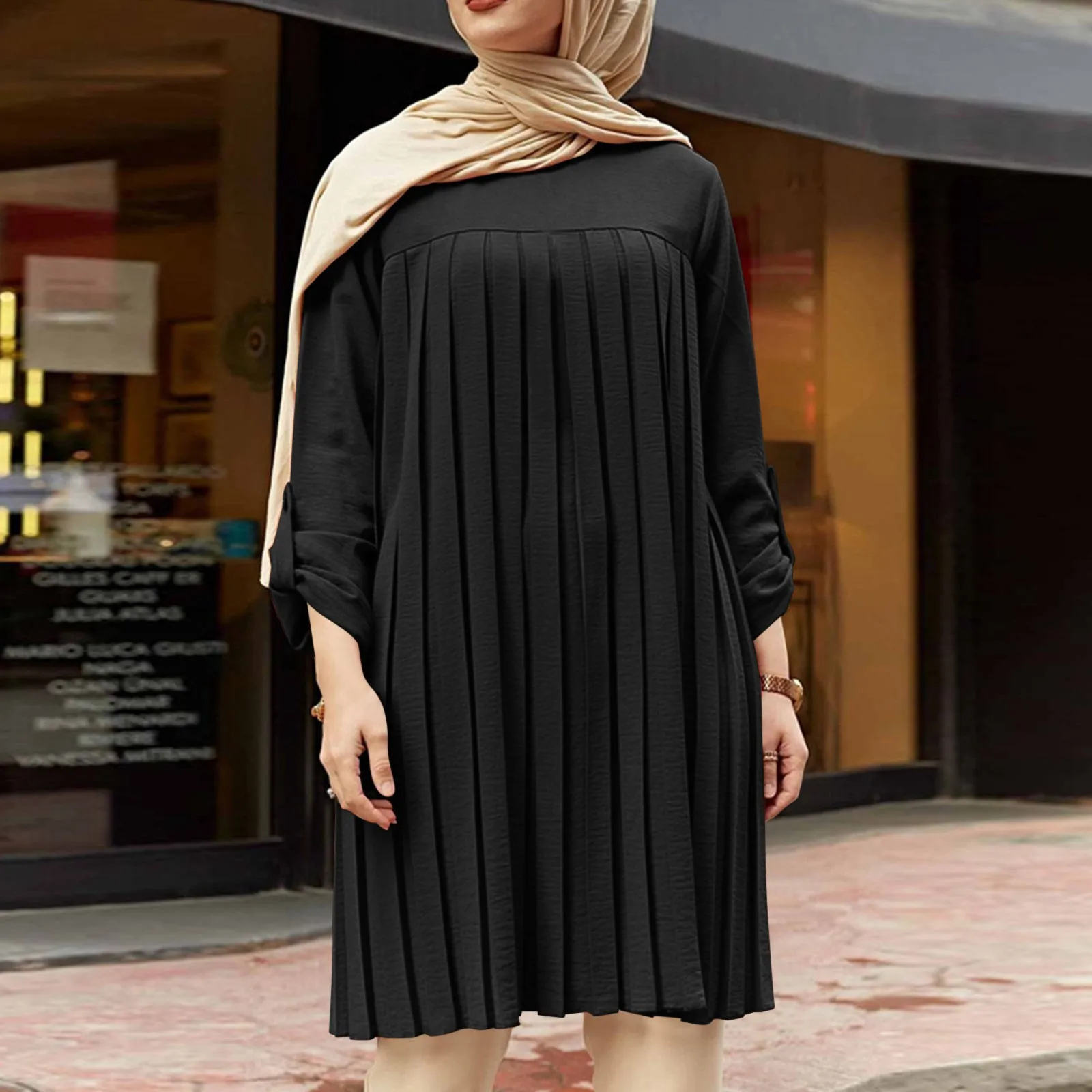 Muslim Pleated Blouse Dress For Girl Women Hot Tops Adjustable Sleeve Solid Color Shirt Islamic Wear Summer O-neck Streetwear