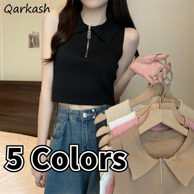 Crop Tops Tanks Women Clothing Solid Sexy Vintage Summer Zipper Deisgn Aesthetic Tender Lady Vacation All-match Korean Style New