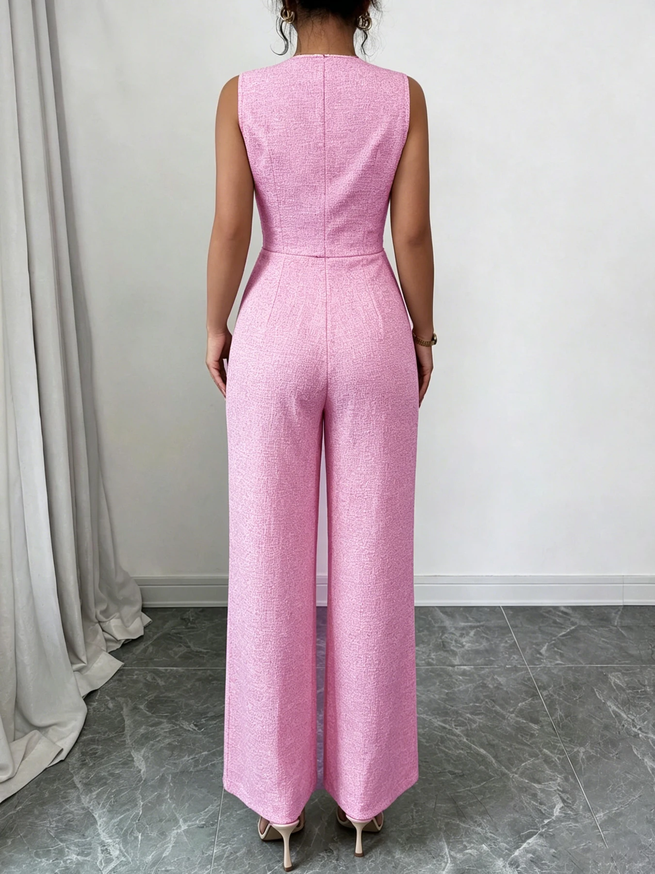 Women Pink V Neck Sleeveless Buttoned Vest Wide Leg Pants Set High Waist Tweed Chic Outfits Spring Summer Daily Office Wear