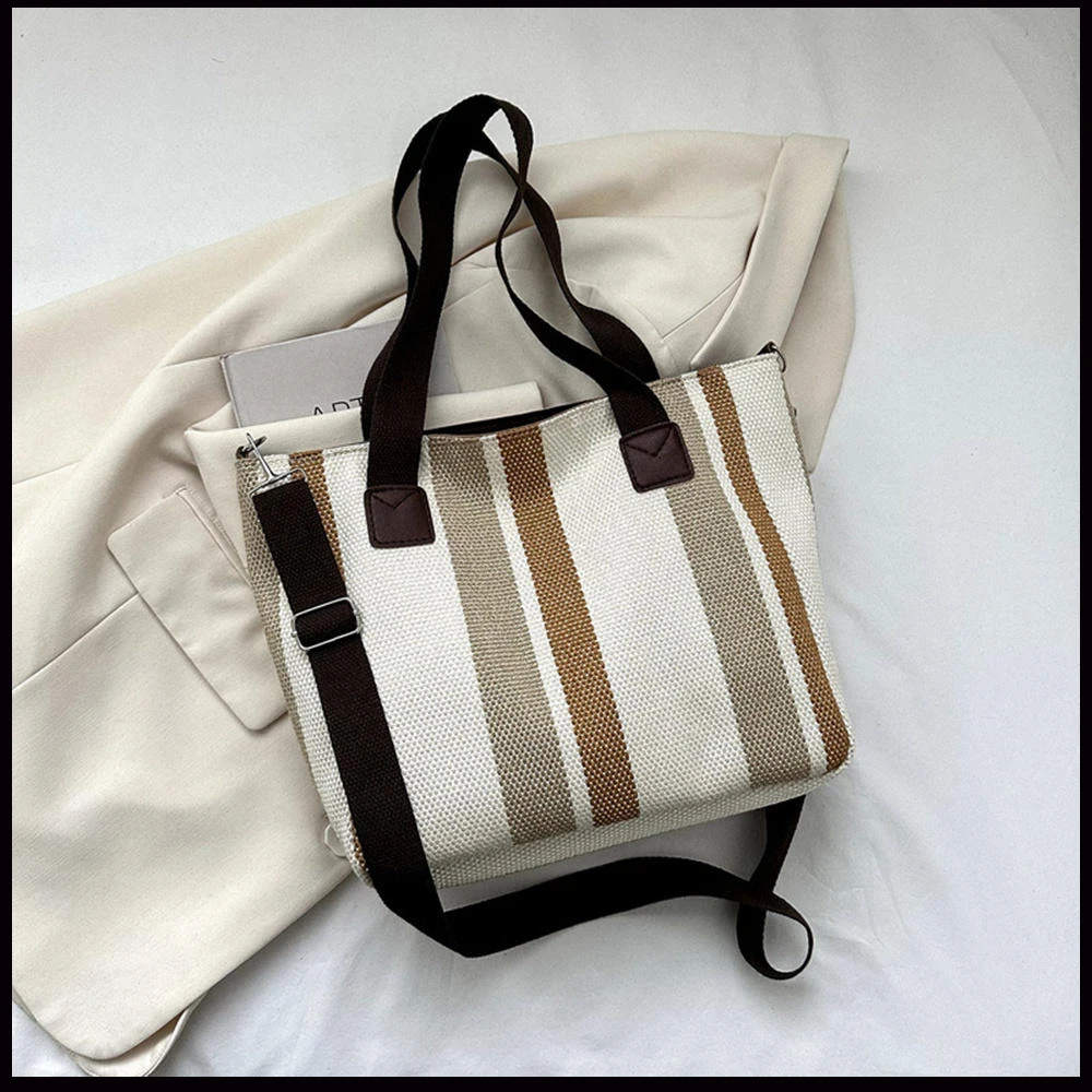 Fashion Striped Women Shoulder Bag Korean Style Canvas Sling Bags Square Crossbody Handbag Large Capacity Shopper Totes