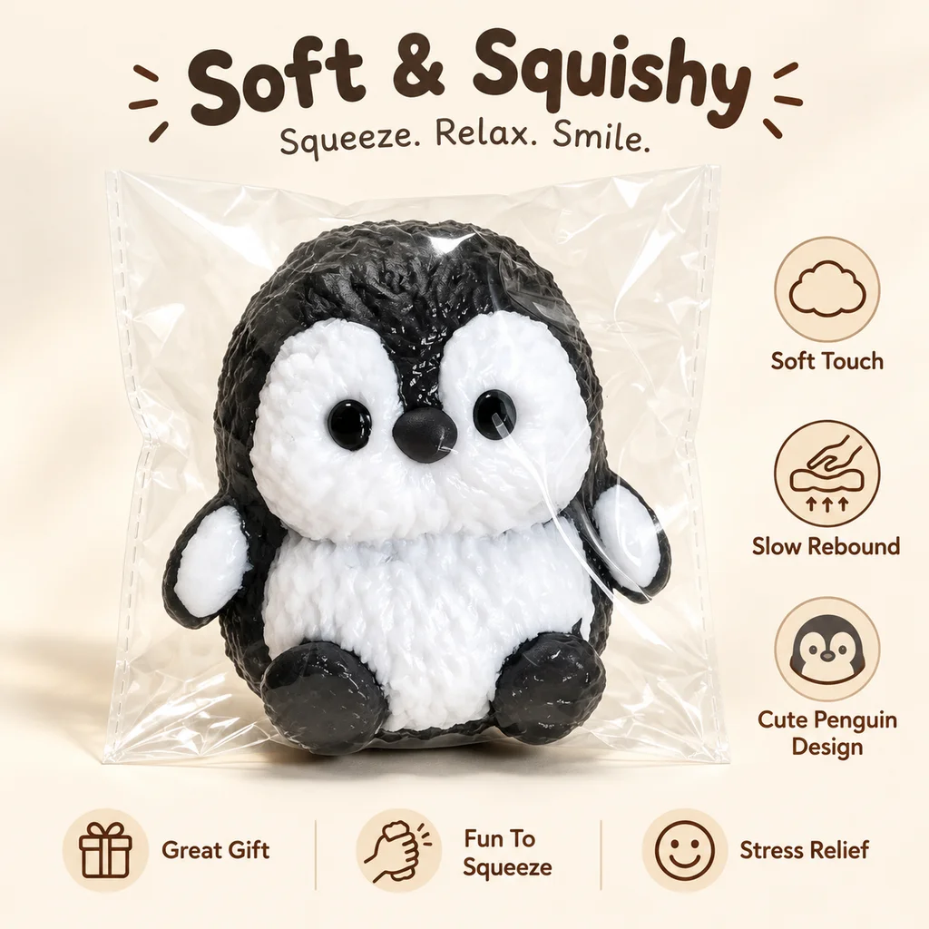 Cute Black White Penguin Squishy Toy Food Grade Silicone Fluffy Texture Animal Design Soft Squeeze Sensory Stress Relief Fidget
