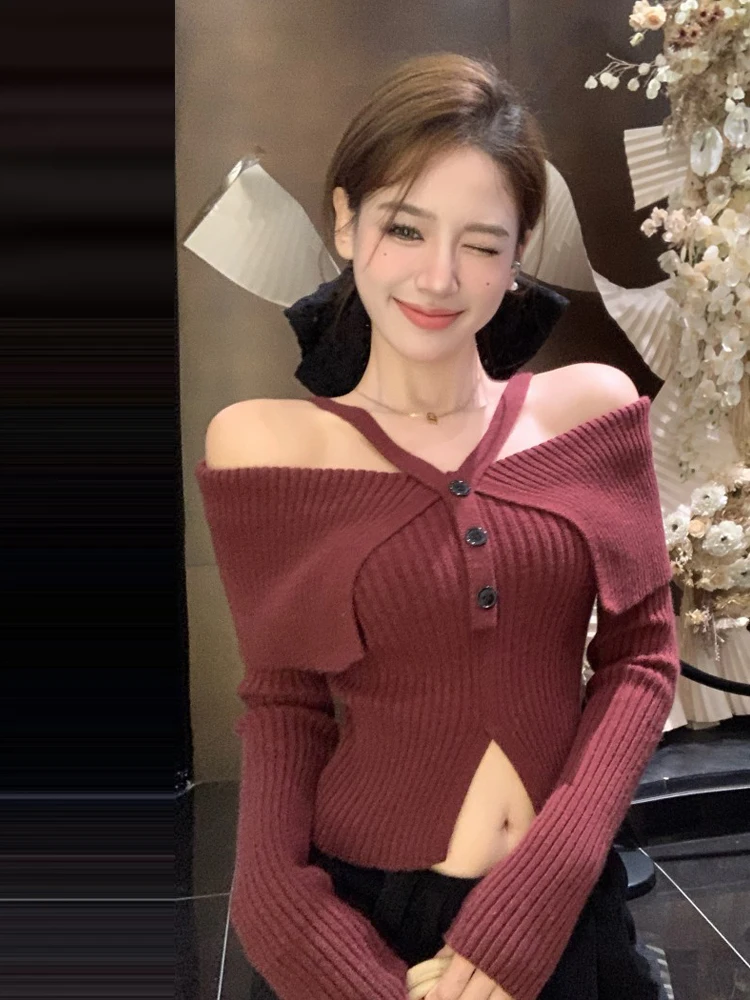 

Длинный вязаный топ на одно плечо с пикантной девушкой в стиле ретро, модный сексуальный топ с разрезом на животе для похудения, для поездок на работу