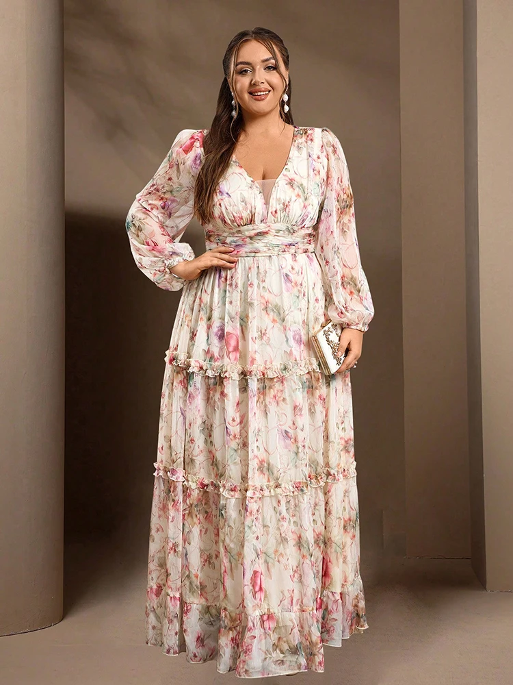 TOLEEN Middle Eastern Plus-size Spring And Summer Elegant Flower-printed Lantern Sleeve Long Dress With A Big Swing