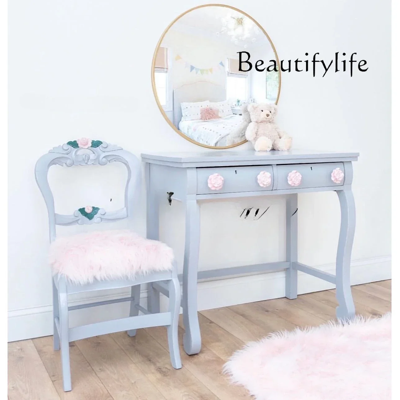 N19  French simple solid wood dresser American retro carved bedroom makeup table furniture can be customized