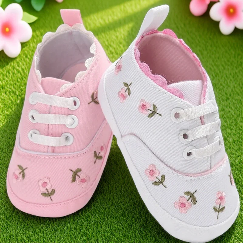 

Floral Embroidered Soft Sole Non-Slip Prewalker Toddler Canvas Sneakers White Pink for Boys Girls