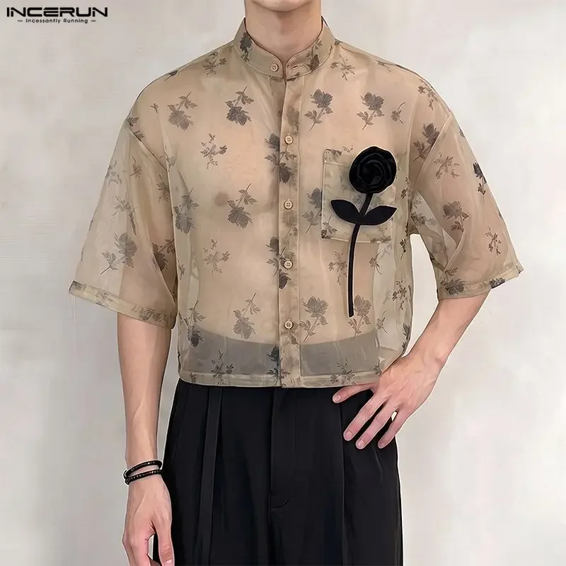 INCERUN Men's Shirt Printing Flower Lapel Short Sleeve Mesh See Through Men Clothes Streetwear 2026 Loose Fashion Tops For Man