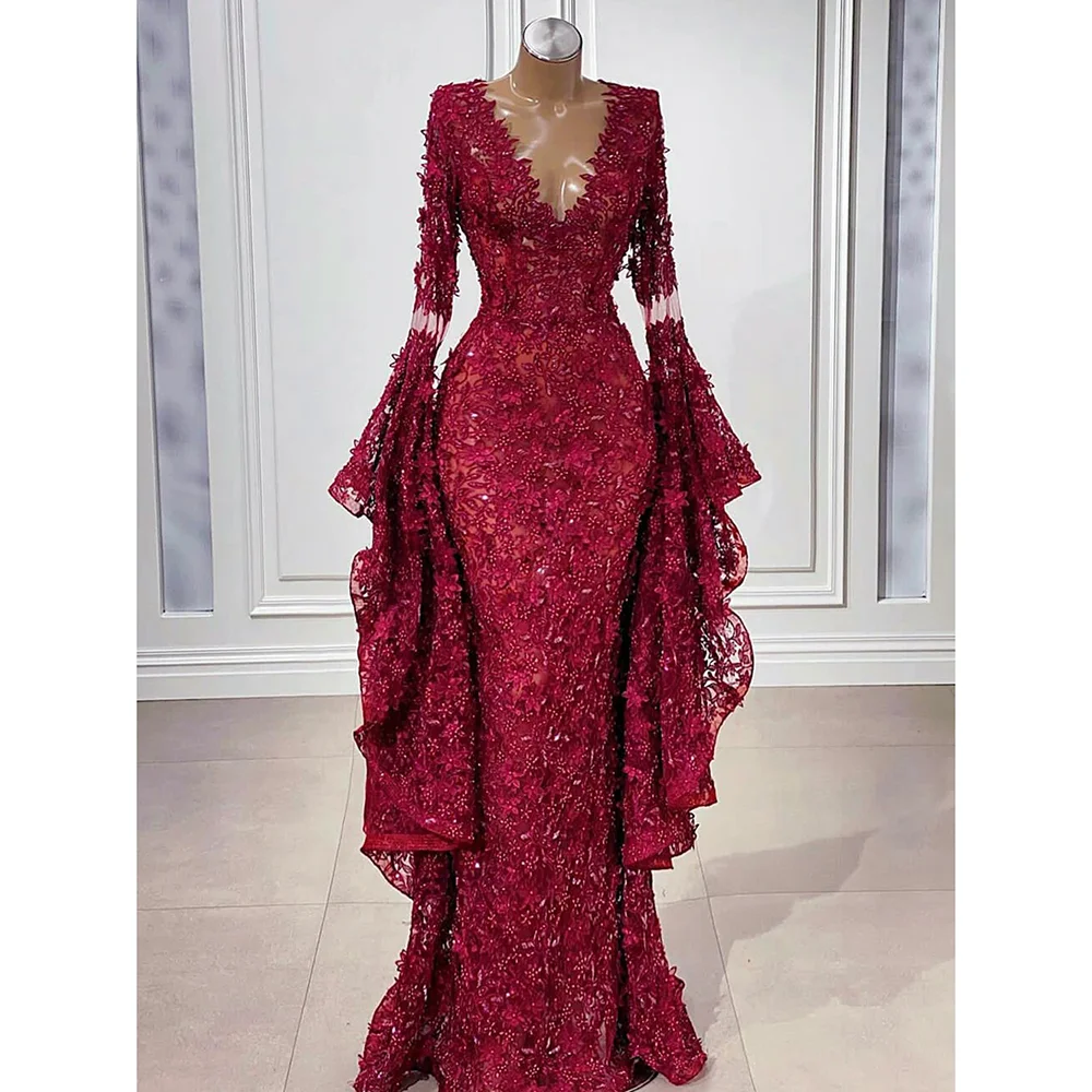 Elegant Lace Appliques Prom Dresses Burgundy 2024 Fashion Long Sleeves V-Neck Mermaid Evening Gowns Floor Length Party Dresses