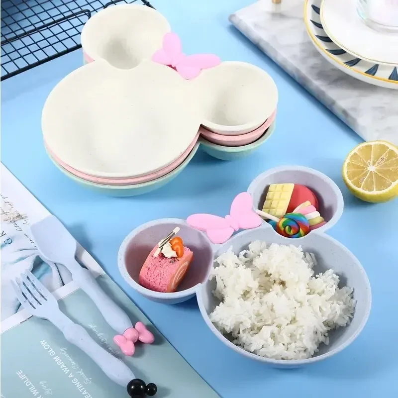 3Pcs/set Cartoon Baby Bowl Tableware Set Wheat Straw Children\'s Dishes Kids Dinner Feeding Plate Bowknot Food Plate Spoon Fork