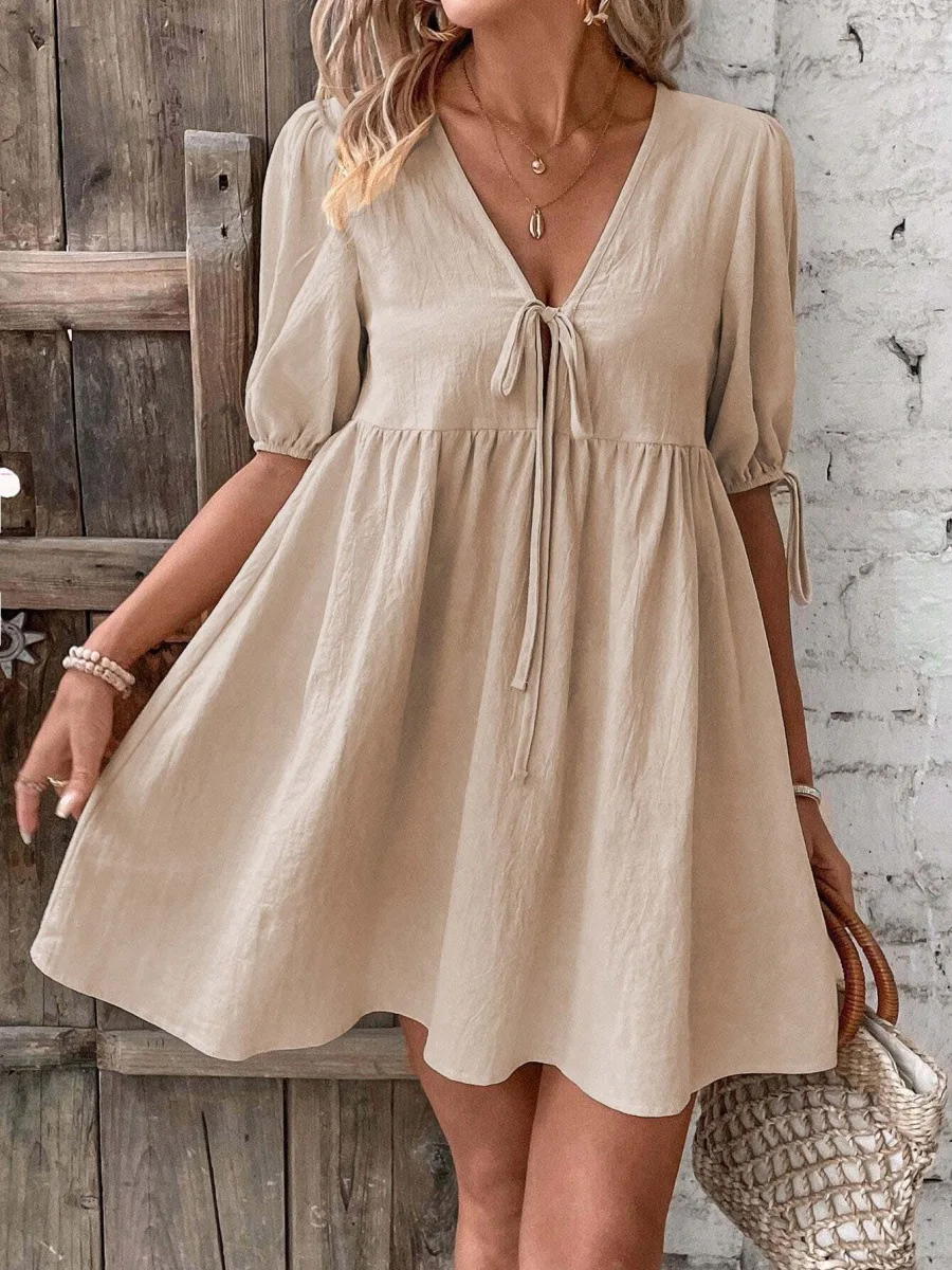 2025 Summer Women's Casual Mini Dress Fashion Elegant Comfort Lace-up V-neck Solid Color Vestidos Loose A-Line Vacation Dresses