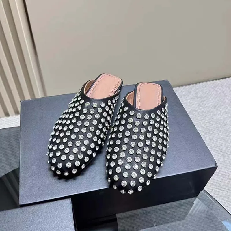 

Rhinestone Studded Toe Flat Sandals Soft Leather Comfortable Round Toe Slippers Square Tail Mules Casual Women Shoes Chaussure