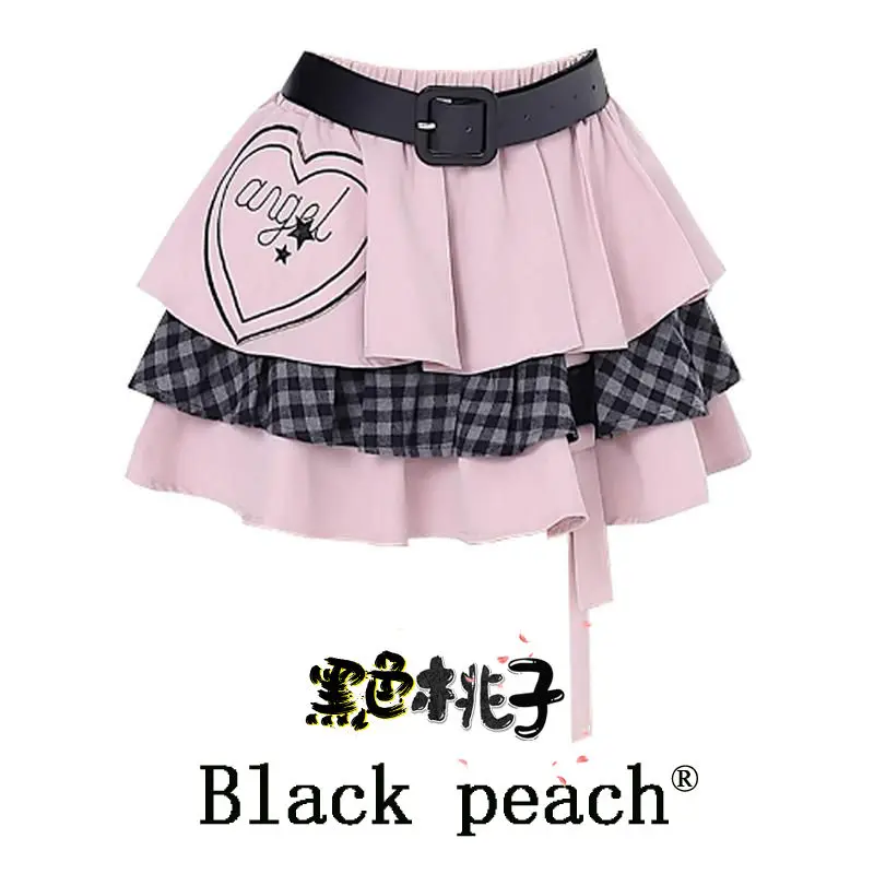 Y2k Spicy Girl Style Love Print Splicing Short Half Skirt New Contrast Color Design Feeling Small and Popular Cake Pleated Skirt