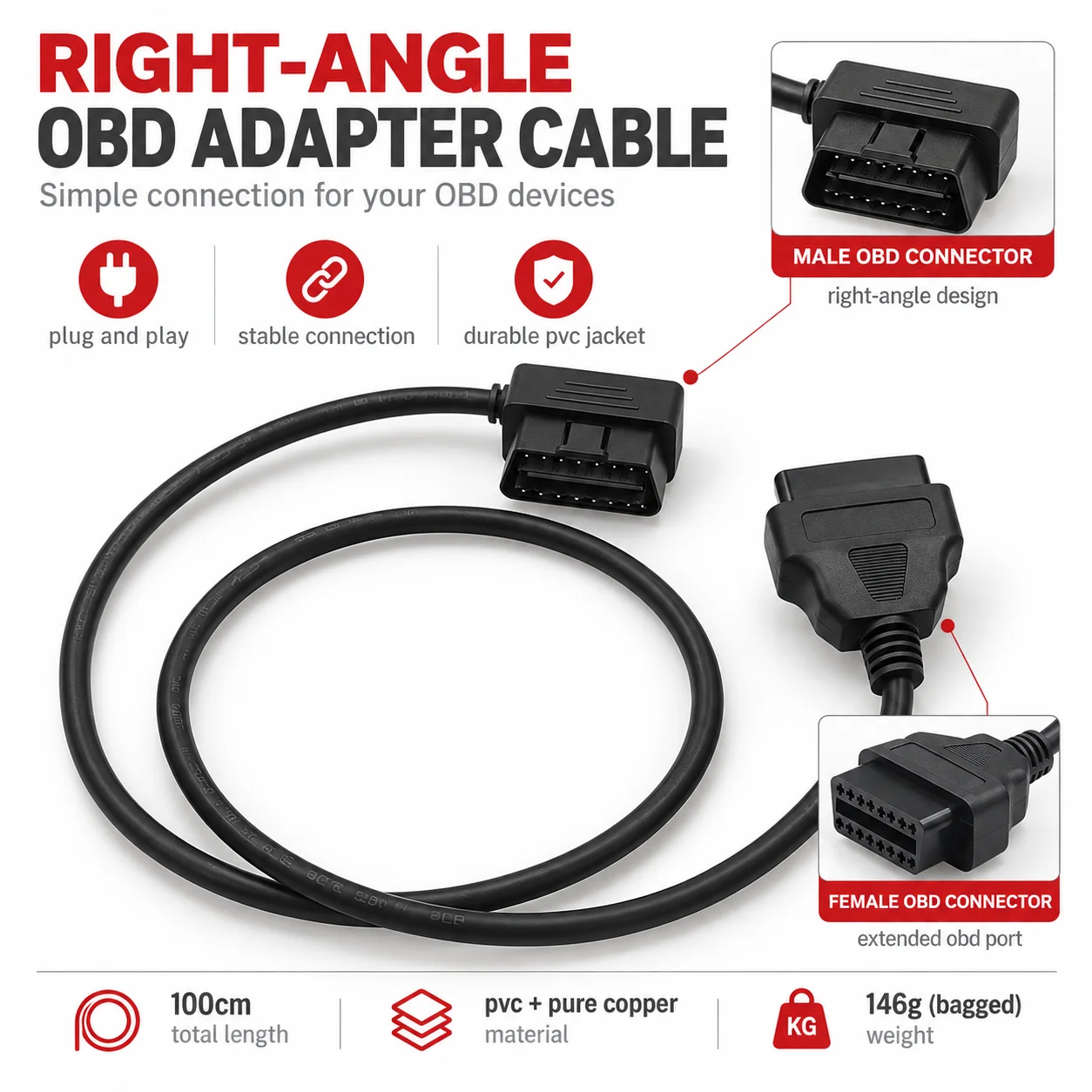 Car 1m OBD Extension Diagnostic Connector Scanner Adapter Male to Female 16 Core Cord Pin OBD2 Energized Tool Inflate Wheel Fd