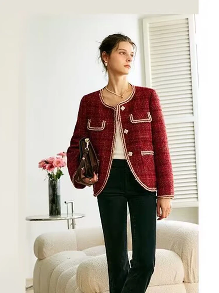 New Red Tweed Jacket For Women 2023 Autumn Winter Long sleeve Single-Breasted Chic Tops Female Korean Style Elegant Lady Coat