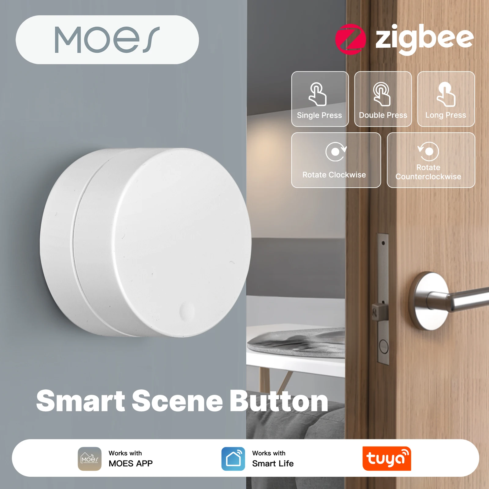 MOES Tuya ZigBee Smart Scene Button 5‑Actions Rotary Remote Switch CR2450 Battery for Smart Home Automation
