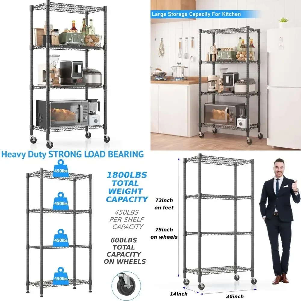 

Сверхмощные 4-х уровневые регулируемые металлические полки для хранения с колесами для коммерческого использования, идеально подходят для организации гаража и дома