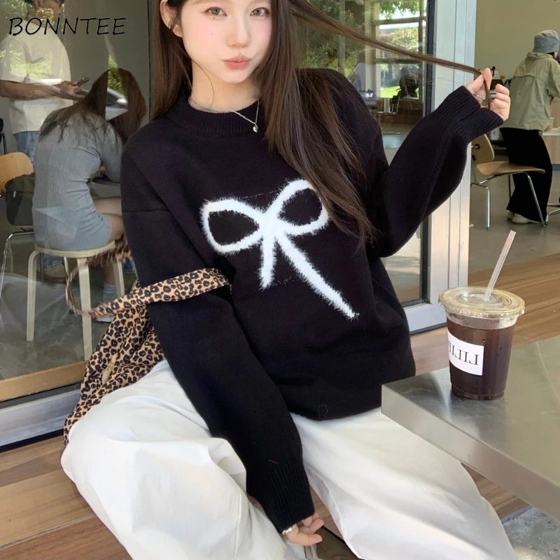 

Bow Sweater Pullovers Women Loose Lazy Soft Gentle Stylish Trendy All-match Korean Fashion Slouchy Daily Autumn Winter Knitwear