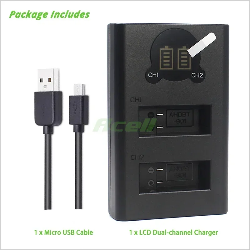 AHDBT-901 LCD Dual Battery Charger for GoPro HERO9 HERO9 Black Camera Compatible SPBL1B ADBAT-001