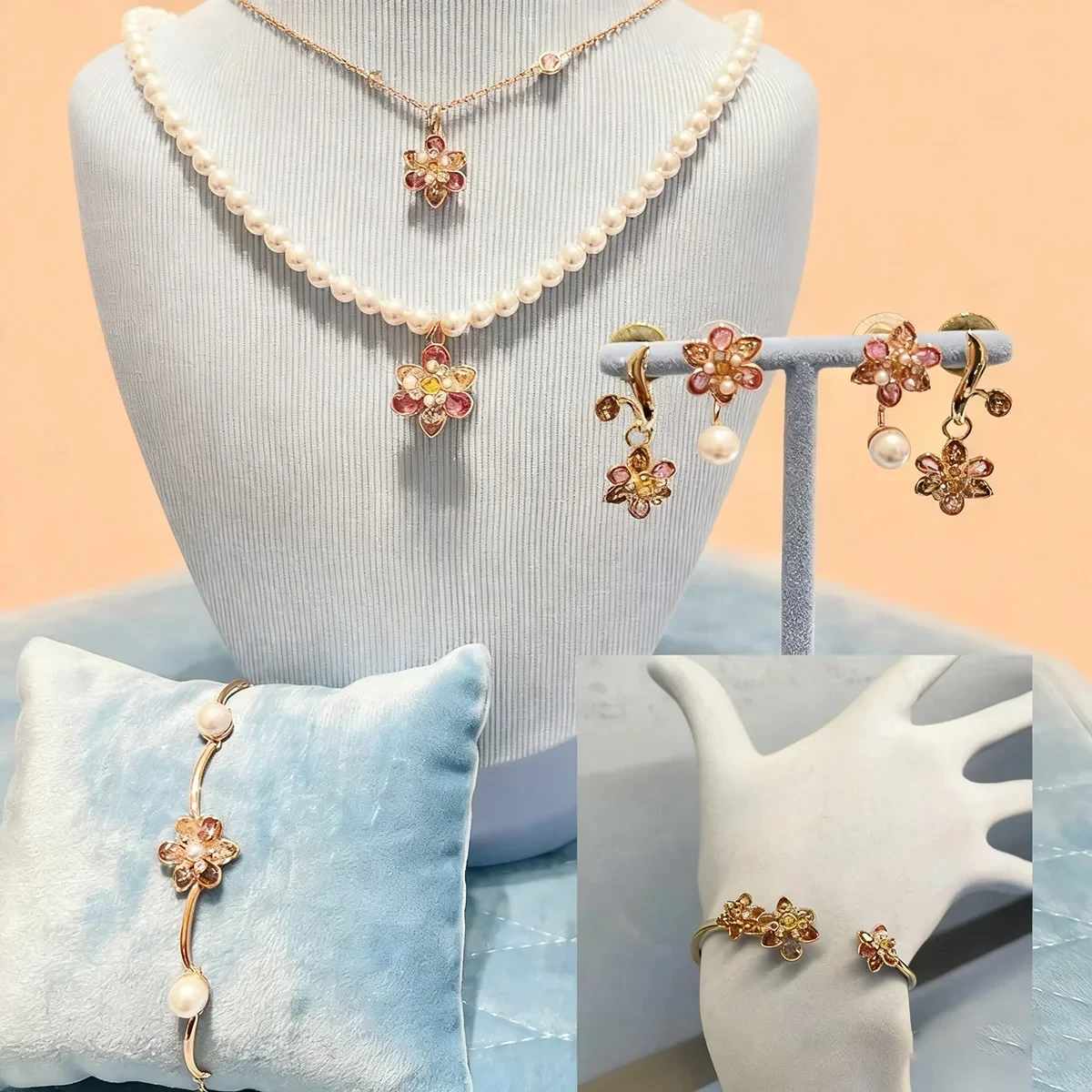 New jewelry set, rose gold floral series set, soft-colored flowers, natural elements, suitable for easy everyday wear.