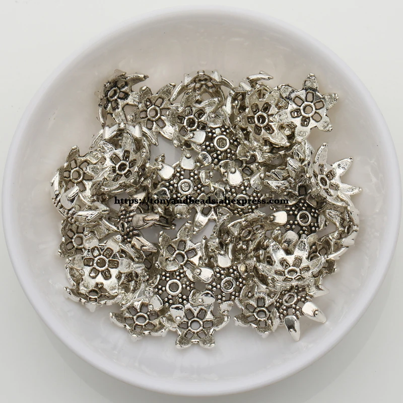 

(50Pcs / Lot !) Zinc Alloy Tibetan Antique Silver Color Flower Beads End Caps For Jewelry Making Size 12.9mm ZN-558