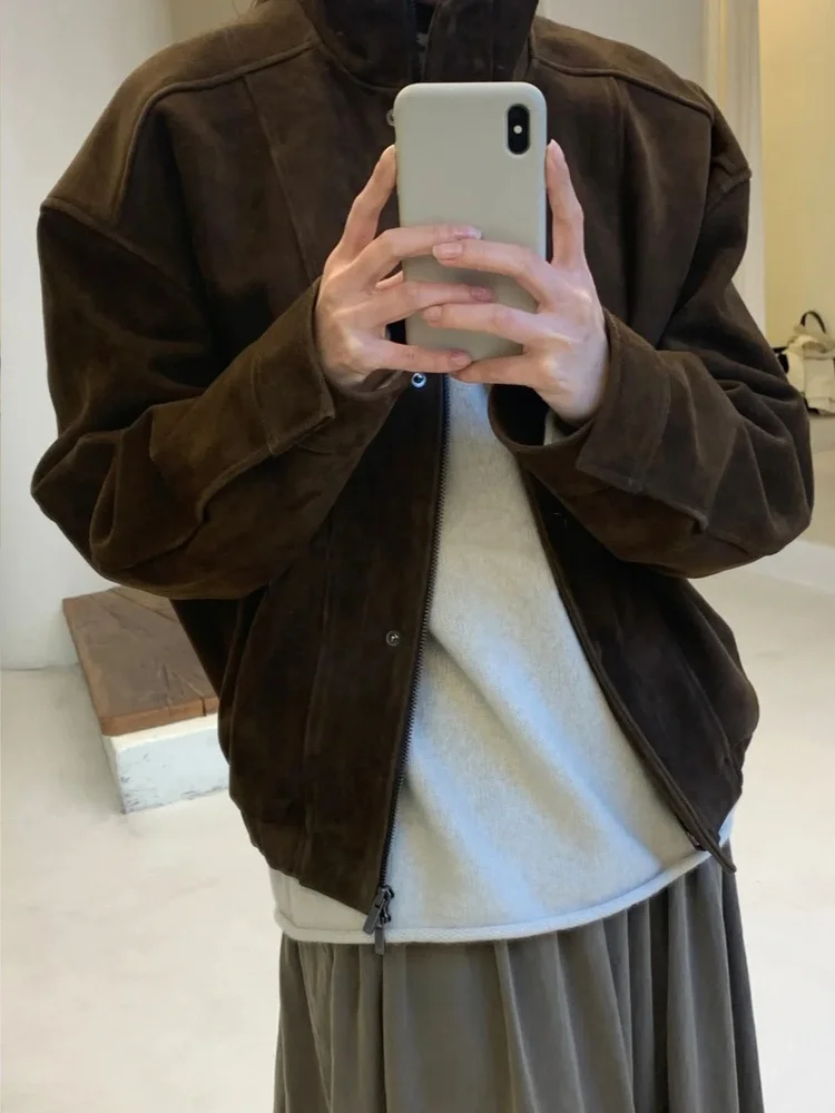 سترة قصيرة من الجلد المدبوغ بتصميم عتيق، ياقة عالية مع سحاب، ملابس خارجية فضفاضة للنساء، مجموعة الخريف، إصدار المصمم #2