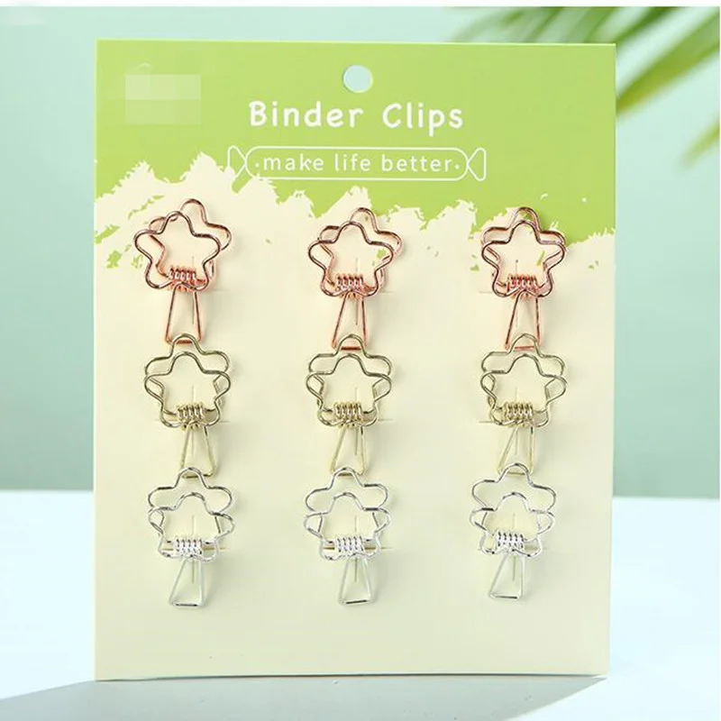 9pcs Metal Flower Shape Paper Clip Hollow Planner Holder Bookmark Memo Clip Color Long Clips Student Office Binding Supplies