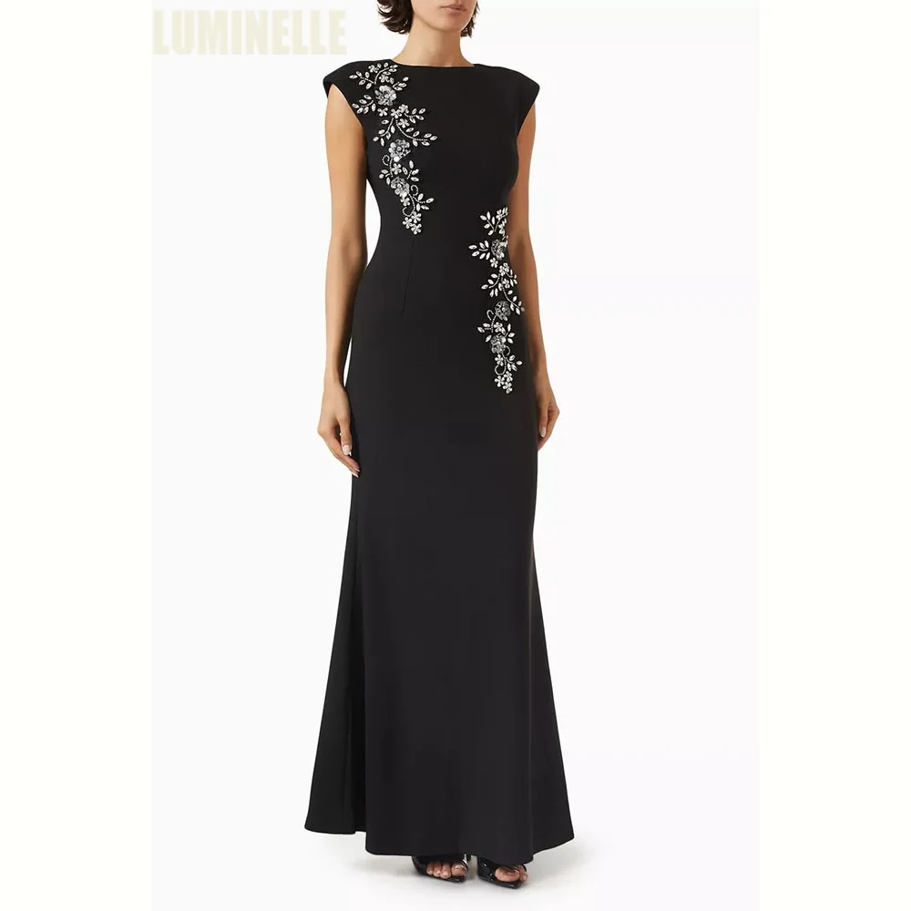 

Crepe Sleeve Summer Evening Dresses A-line Black فساتين سهرة with Shoulder Pads Beaded Embellished Formal Dress Customized