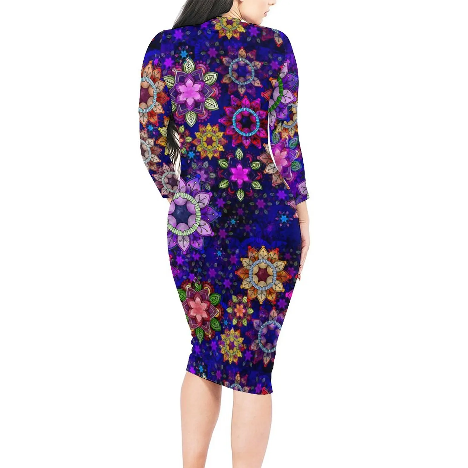 Aquarel Mandala Bodycon Jurk Vakantie Retro Bloemenprint Elegante Jurken Dames Met Lange Mouwen Esthetische Jurk 3xl 4xl 5xl