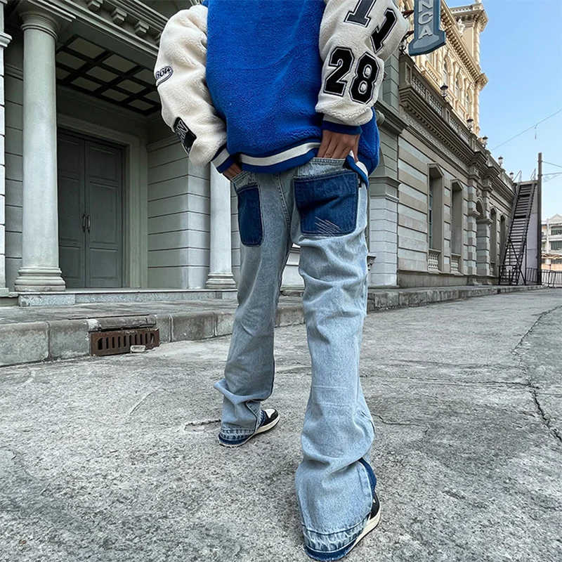 Fashion Stars Hip Hop Jeans Contrasting Colors Patchwork Straight Jeans Pants Mens Retro Ripped Oversized Casual Denim Trousers