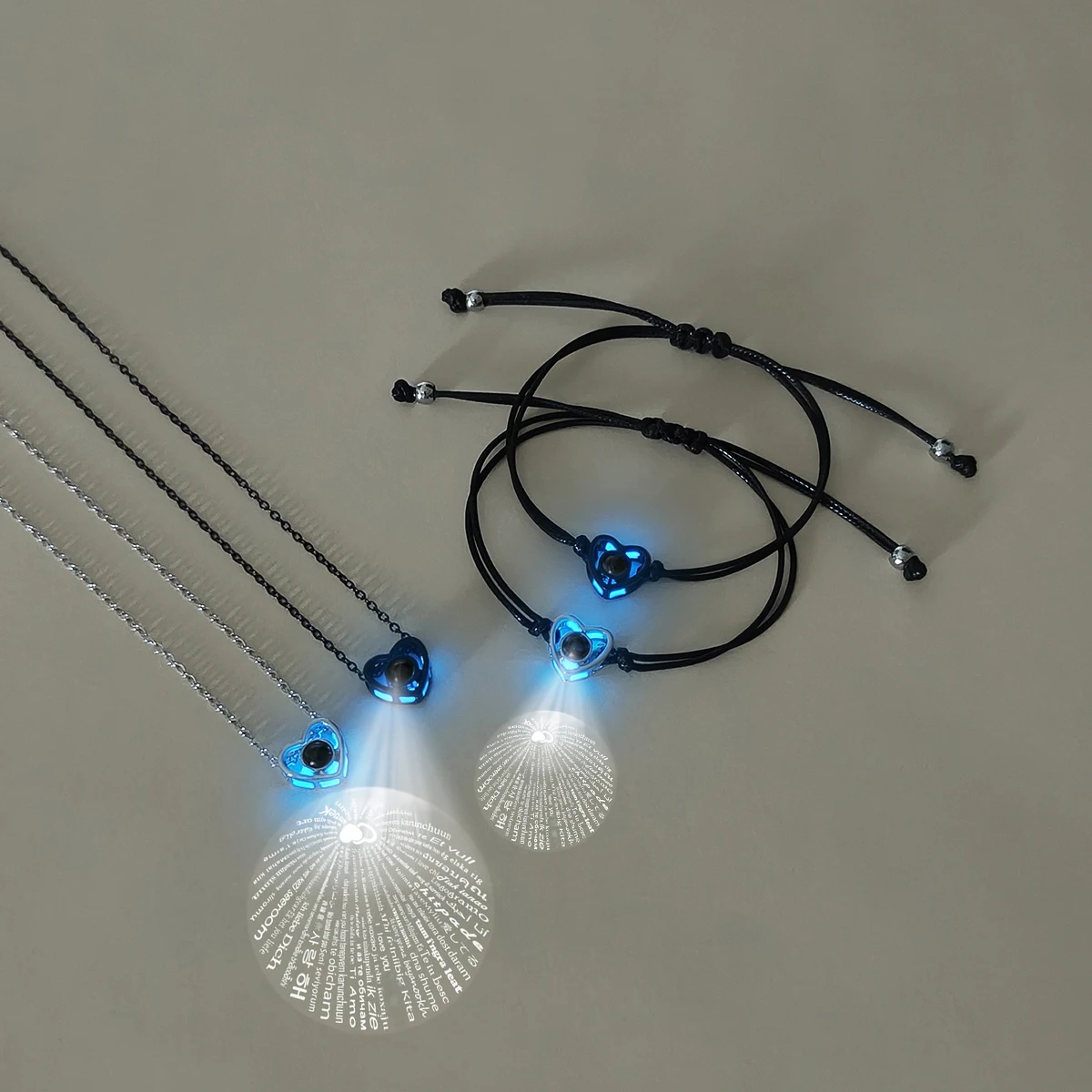 4-Piece Set Glow-in-the-Dark Heart Projection Pendant Couple  Jewelry Available in 100 Languages 