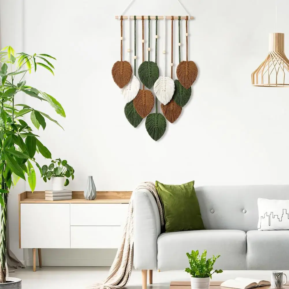 Handcrafted Leaf Wall Art Bohemian Style Leaf Shape Wall Hanging Tapestry with Wooden Bead Decor Handcrafted Dorm Home Hotel