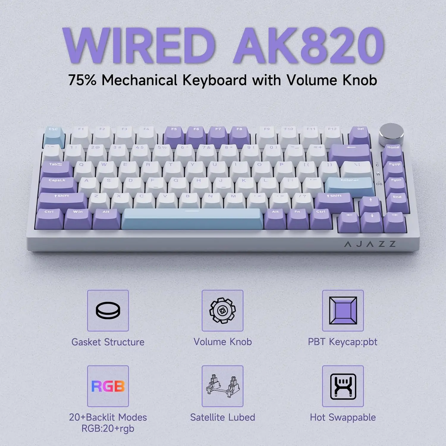 Teclado Mecánico con Cable AJAZZ AK820, Perilla de Control de Metal CNC, Estructura de Montaje con Junta de 81 Teclas, Intercambio en