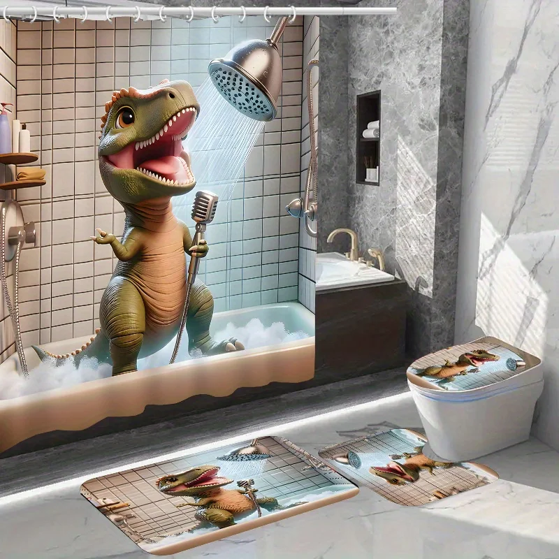 

Dinosaur Singing Bathroom Set: Waterproof Shower Curtain, Soft Contour Rug, Stylish Toilet Lid Cover, Non-Slip Bathtub Mat