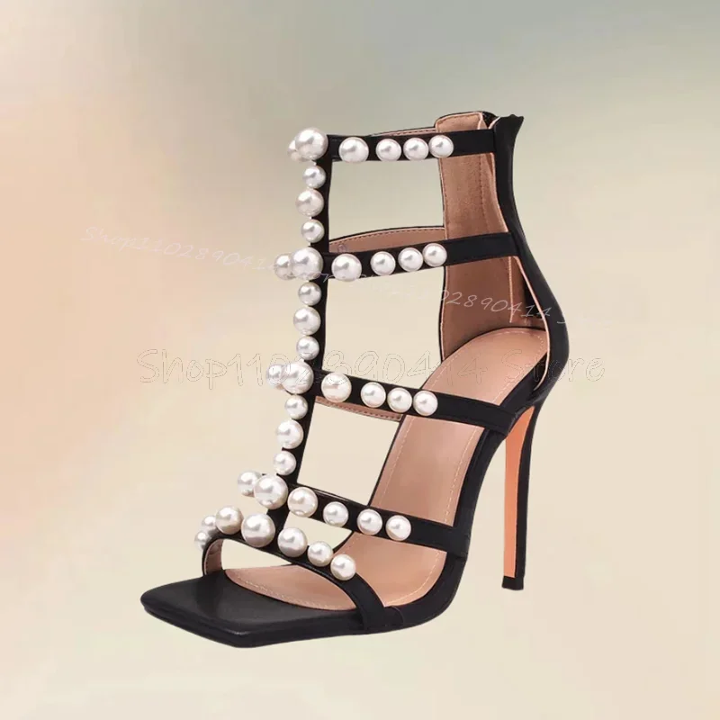 

Pearl Decor Black Hollow Design Open Toe Sandals Back Zipper Women Shoes Thin High Heels Fashion Party 2025 Zapatos Para Mujere