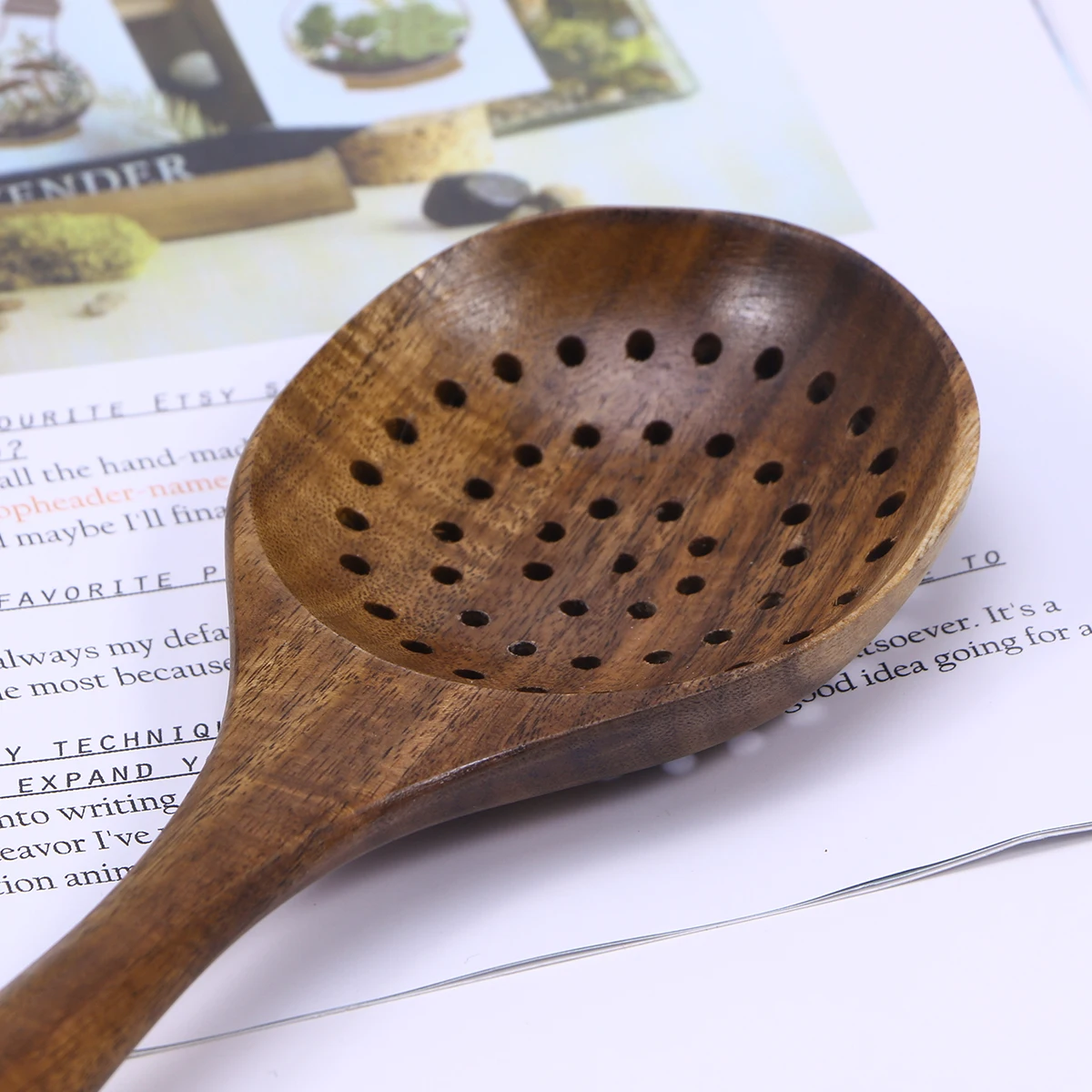

Teak Wood Colander 28x8.2cm Natural Grain Heat Resistant Non-Stick Pan Safe Kitchen Gadget Handmade Cooking Utensil