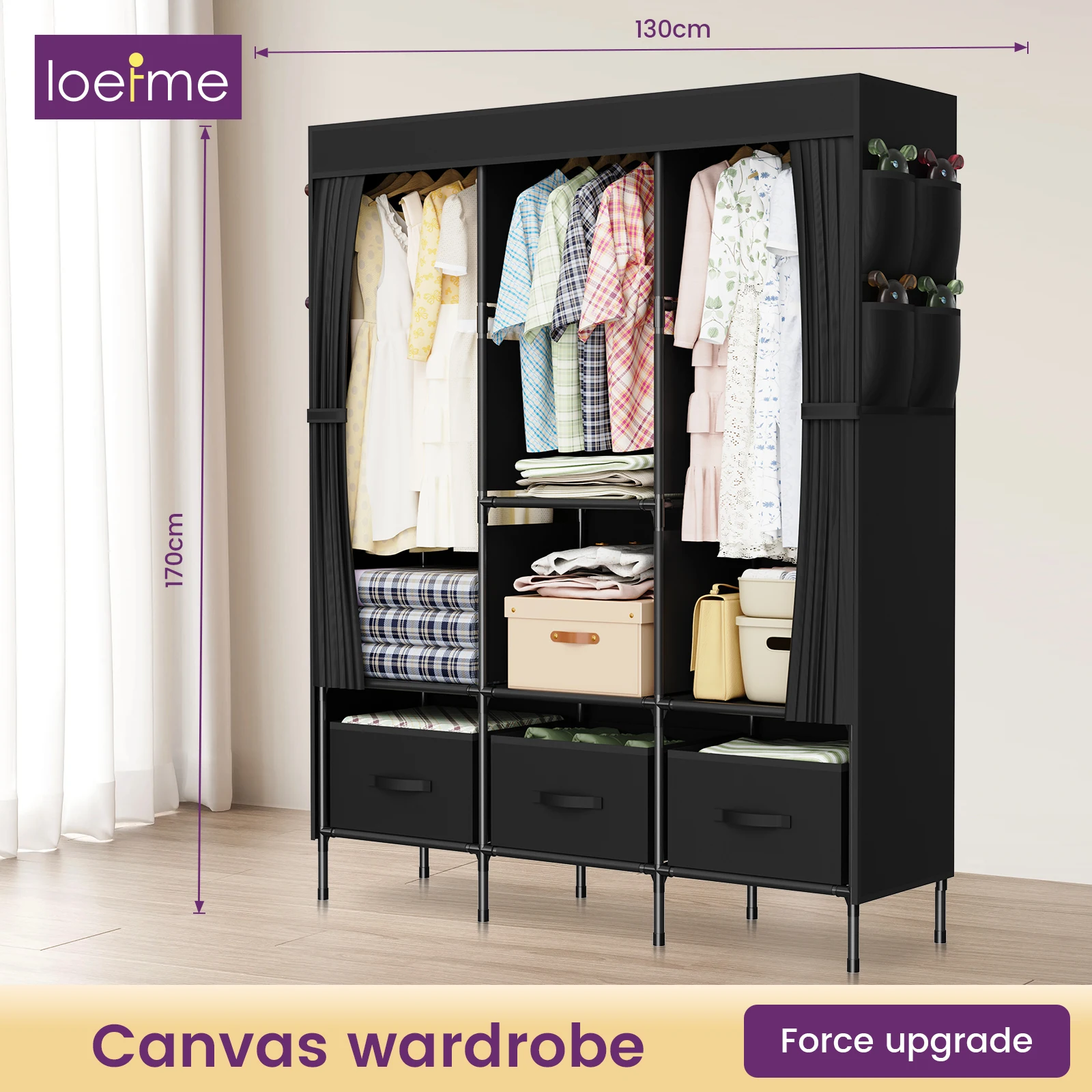 LOEFME Canvas Wardrobe, Fabric Wardrobes 8 Side Pocket, Pop up wardrobe W130 x D45 x H170cm,Great Foldable wardrobes for Bedroom