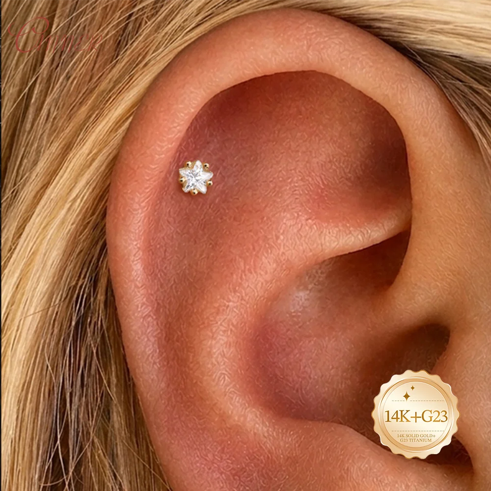 CANNER 14K Solid Gold Right Grand G23 Star CZ Cartilage Earring Dainty Star Flat Back Stud Tragus Conch Helix Nose Piercing