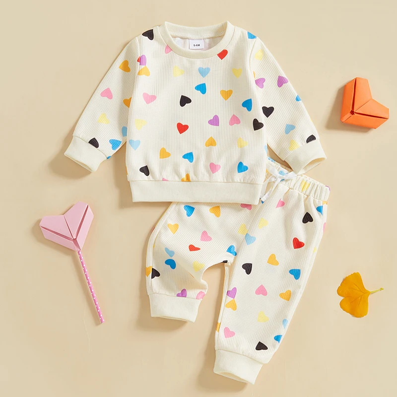 

SUNSIOM 0-3 Years Toddler Baby Girl Waffle Outfits Valentine’s Day Heart Print Long Sleeve Sweatshirt with Long Pants Clothes