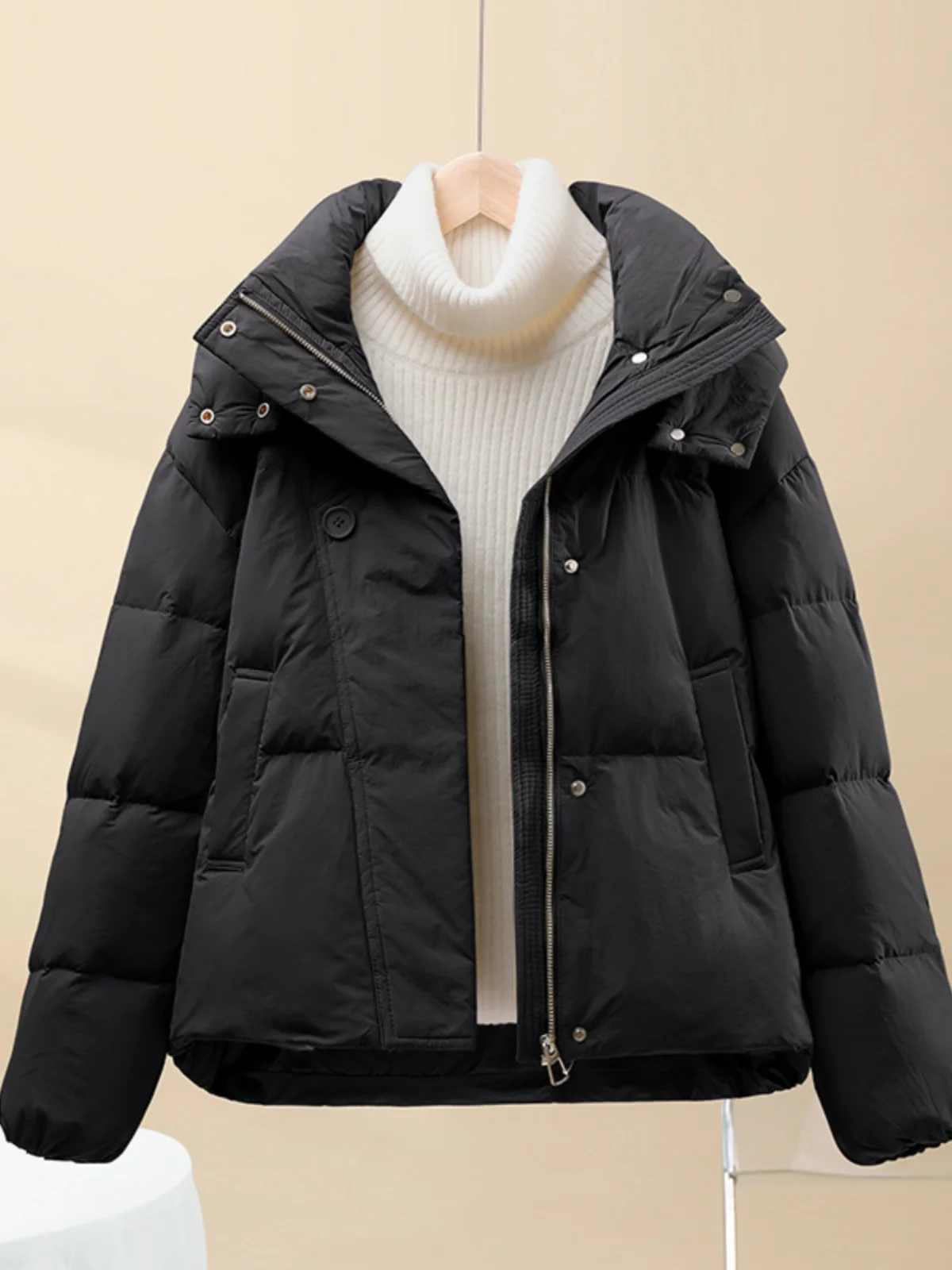

Women's Black Cotton Puffer Jacket Short Warm Winter Coat Bread Style Outerwear Commute Style Thickened Long Sleeve Zipper