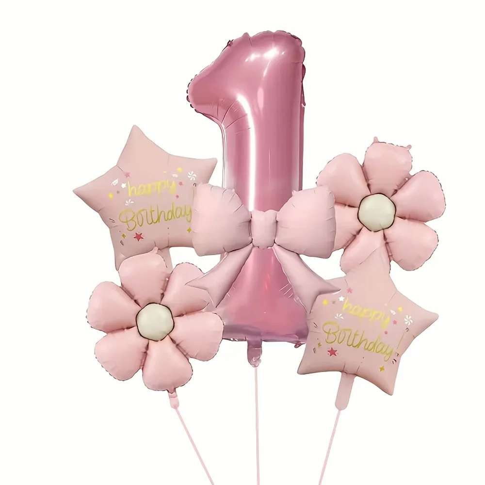 6Pcs 32Inch Pink Numbers Foil Balloon Mini Daisy 18‘’ Star 21inch Bow Balloons for Boys Girls Birthday Party Decoration Gifts
