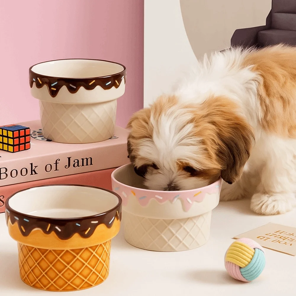 

Ice Cream Shape Ceramic Cat Bowl High Foot Protection Large Diameter Elevated Cat Bowl Non Slip Flat Bottomed Cat Food Bowl