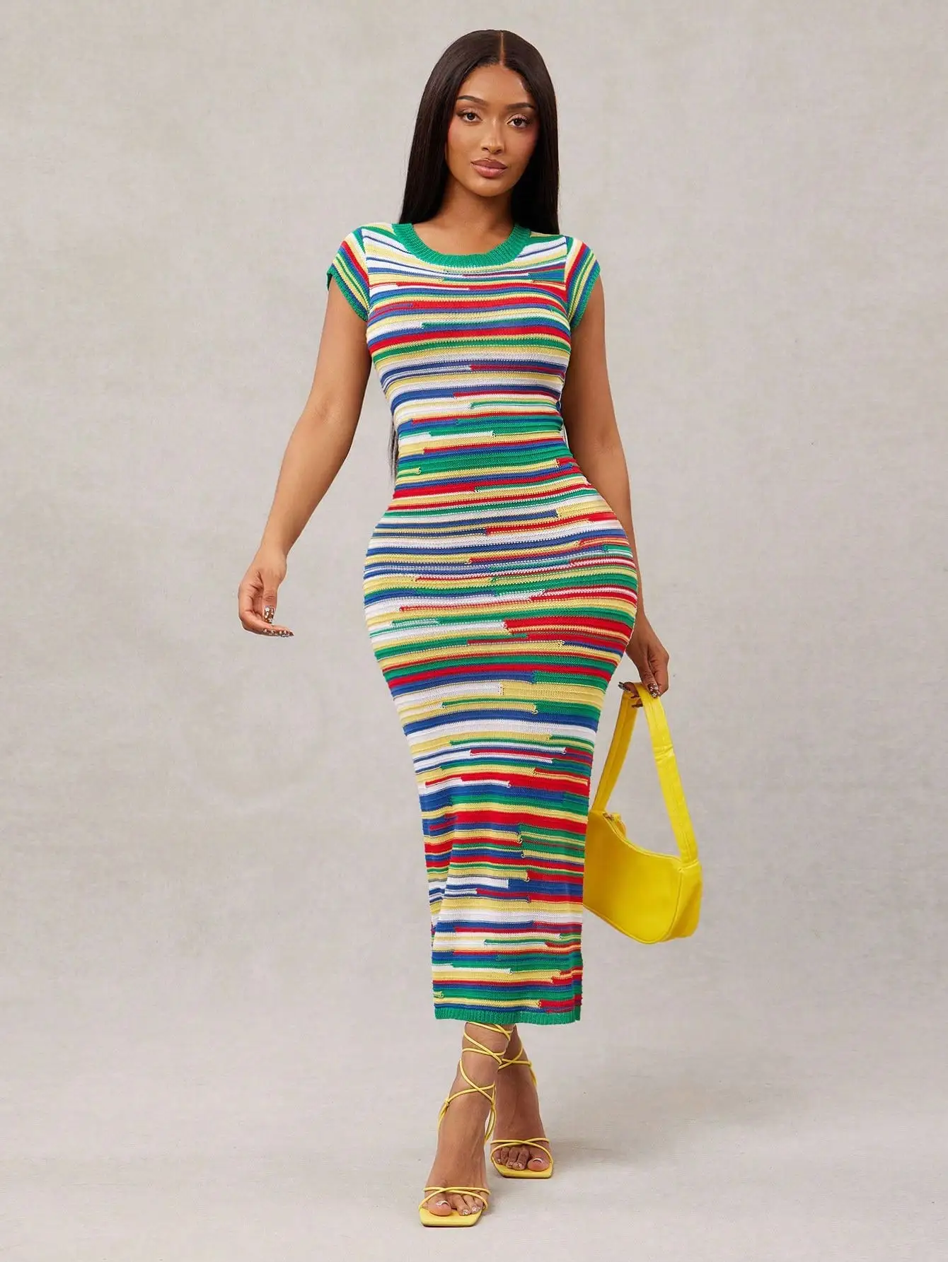 Multi-color rainbow-striped knitted round-neck short-sleeved dress, suitable for various daily outfits, elegant and casual women