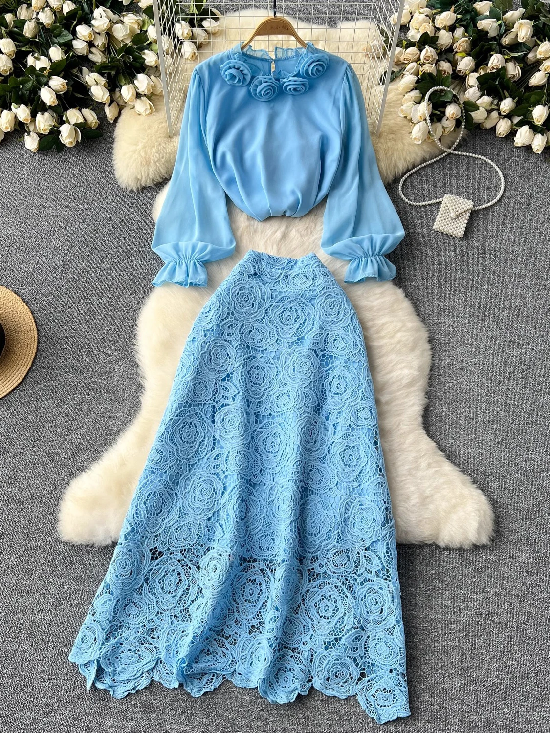 Autumn Vintage Women Two Piece Set Elegant 3D Flower Long Sleeve Blouse + High Waist Lace Midi Skirt Suit 2Pcs New Fashion 2024