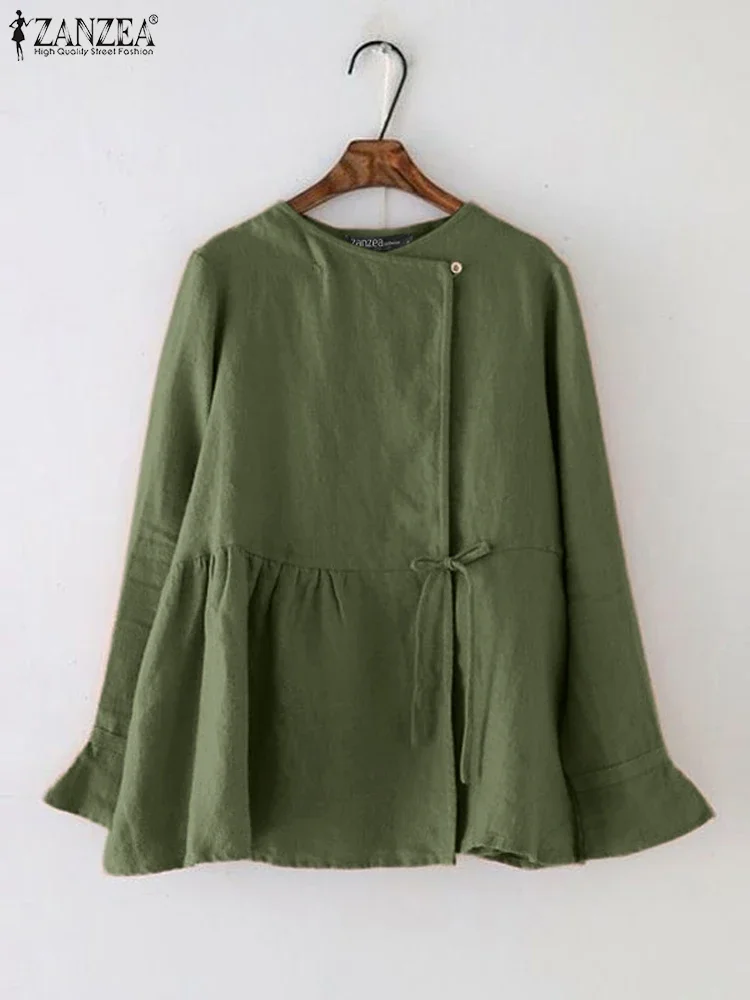 

2025 Fashion Vintage Women Long Flare Sleeve Blouse Spring Cotton Shirt Casual Work Blusas Mujer Solid Lace Up Tops Tunic