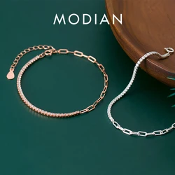 Modian Stackable Zirconia Geometric Oval Interlock Genuine 925 Sterling Silver Asymmetry Bracelet Bangle for Women Fine Jewelry